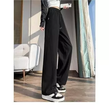 Fleece Wide-Leg Pants Female Fall and Winter 2024 New Arrival Loose Slim Looking High Waist Drooping Small Thick Straight-leg Casual Sweatpants Black [Spring and Autumn regular]] L