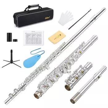 Флейта Eastar с покрытием из серебра, 16 отверстий, механизм E, смещенная подставка, специальный футляр, набор для начинающих, открытие подарка и т. д. (Серебряный) ЭФЛ-1С
