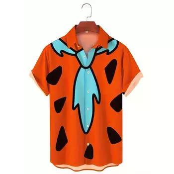 Flintstones Modern Cartoon Tie Pattern Print Summer Men s Short Sleeve Shirt Street Hip Hop Trendy Oversized Top Shirt M