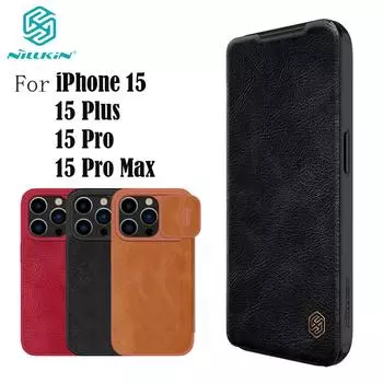 Флип-чехол для iPhone 15 Pro Max Nillkin QIN Pro, кожаный откидной чехол для iPhone15, чехол-книжка для слайд-камеры для iPhone 15 Pro 15 Plus For iPhone15 Pro Max красный
