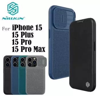 Флип-чехол Nillkin для iPhone 15 Pro/Pro Max Qin Pro, кожаный тканевый карман для карточек, чехол-книжка для камеры iPhone 15/15 Plus For iPhone 15 чёрный