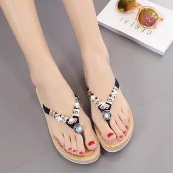 Flip-flops summer cool slippers flat non-slip beach ladies owl rhinestone women s sandals 35 белый