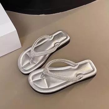 Flip-flops women s summer outer wear fashion high-end sense flash diamond one-word drag flat bottom toe cool slippers 35