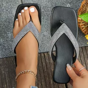 Flip Flops Women Shing Rhinestone Square Toe Leather Slippers Casual Anti-Slip Large Size Sandals For woman Outdoor and Indoor 35