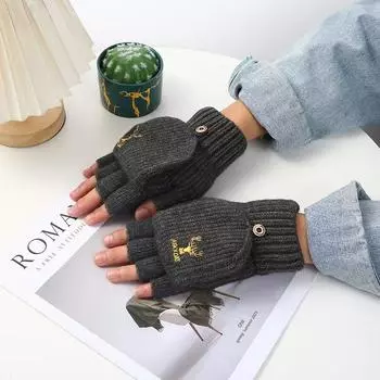 Перчатки Flip Half Finger с вышивкой зимние утепленные теплые плюс бархатные утолщенные теплые шерстяные вязаные жаккардовые пара average size
