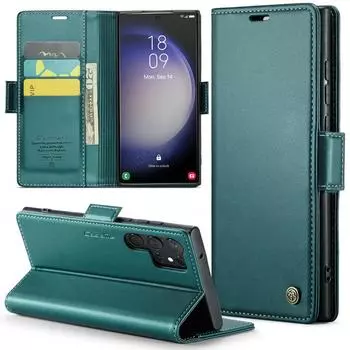 Флип кожаный чехол для Samsung Galaxy S23 Ultra S22 Plus A71 A51 A52 A53 A34 A73, защитный противоударный чехол для карточек S23 зелёный/синий