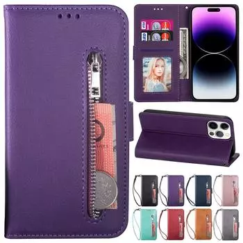 Флип-кожаный чехол-кошелек из искусственной яловой кожи с отделением для карт на молнии для Iphone 14 Pro Max 13 12 11 Xr Xs Max X 6 6s 7 8 Plus Se 2022 iPhone 12 Mini серый