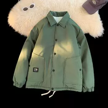 Флис и более толстая зимняя теплая хлопковая одежда свободная американская ретро-куртка-бомбер для мужчин S