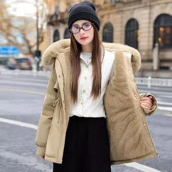 Флис и более толстый пирог преодолевают женскую среднюю и длинную 2025 зимнюю хлопковую одежду, зимние новые хлопковые куртки, модный хлопок M хаки