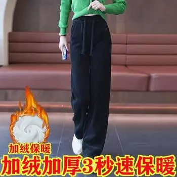 [Флис и плотнее] Широкие брюки женские осень-зима 2024 новые прямые повседневные брюки с высокой талией из вельвета в полоску M хаки