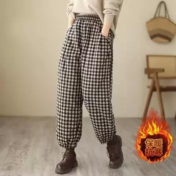 [Флис Теплый] Клетчатые повседневные брюки Детские осенне-зимние ретро-брюки большого размера Radish Свободные брюки Harlan M [Recommended weight 80-47.5kg]