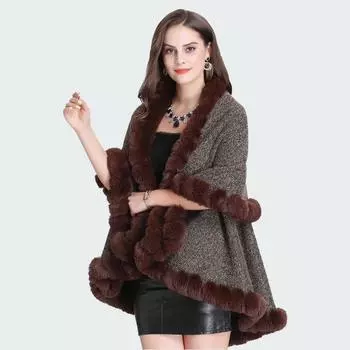 Флис утолщенный свободный большой размер искусственный мех лисицы воротник вязаный кардиган женская шаль накидка толстое пальто накидка one size fits all тёмно-синий