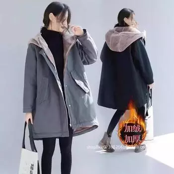 Флисовая хлопковая одежда женская средней длины зимняя новая корейская версия свободная утолщенная с капюшоном куртка большого размера из хлопка куртка M 90-57.5 kg чёрный
