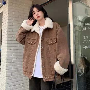 Флисовая и утолщенная джинсовая хлопковая подкладка для женщин зимой, новая свободная и универсальная джинсовая куртка из искусственной кроличьей шерсти для студентов, хлопок S хаки