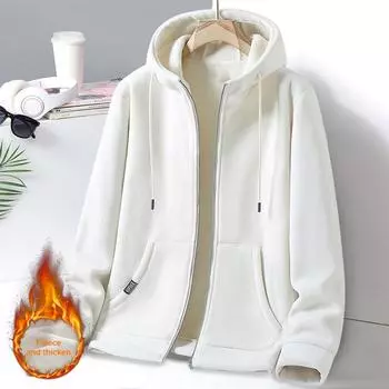 Флисовая куртка мужская с капюшоном на молнии, зимнее пальто с завязками на шнурке, толстый теплый кардиган, куртка для повседневной носки, капюшон на молнии 3XL белый