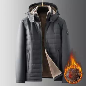 Флисовая куртка-пуховик для папы, мужская ребристая полоска, утолщенная хлопковая куртка для людей среднего и пожилого возраста, съемная шапка, куртка-пуховик для дедушки M серый