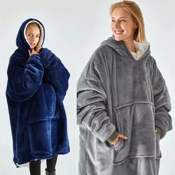 Флисовая куртка с капюшоном Lazy Blanket, утолщенное одеяло для телевизора, пижама с капюшоном Lazy Blanket из полиэстерового материала 80X112cm синий