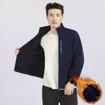 Флисовая куртка среднего возраста из простого композитного флиса Утолщенная куртка Куртка с хлопковой подкладкой Кардиган с воротником-стойкой Флисовый свитер M джинсовый синий