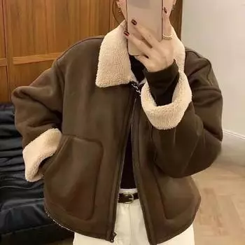 Флисовая пэчворк винтажная короткая теплая куртка женская осень-зима новая коричневая модная шерстяная куртка с лацканами корейский шикарный дизайнер повседневная одежда S темный кофе