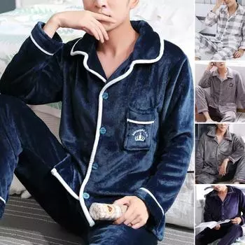 Флисовая пижама с эластичным поясом, теплая строчка, мужской зимний двусторонний фланелевой топ, брюки, комплект домашней одежды для дома 2XL темно-синий