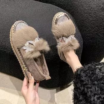 Флисовая теплая повседневная обувь со стразами и бабочками, новые осенне-зимние туфли на платформе, женские туфли с одной педалью, ленивые женские туфли 35 чёрный
