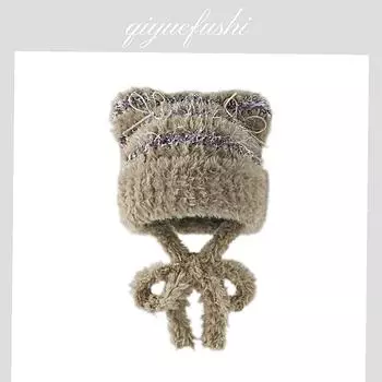 Флисовая теплая вязаная защитная шапка для ушей женская универсальная шерстяная шапка осень-зима милая плюшевая шапка с кошачьими ушками и бантом M56-58cm чёрный