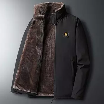 Флисовая термокуртка из хлопка, зимняя утепленная мужская повседневная куртка для мужчин среднего возраста M чёрный