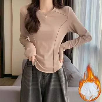 Флисовая толстая трикотажная рубашка с длинными рукавами для женщин, осенняя приталенная футболка Spicy Girl с круглым вырезом, верхняя одежда, футболка S чёрный