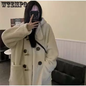 Флисовая толстовка с капюшоном, женская куртка из овечьей шерсти, пальто средней длины, корейское толстое пальто с пуговицами из коровьего рога, свободное пальто, зимнее теплое женское S коричневый