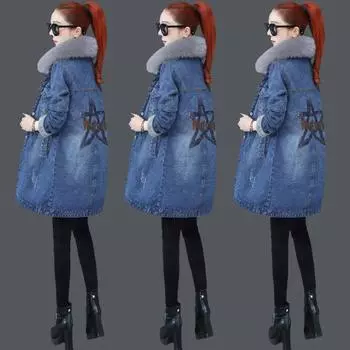 Флисовая утолщенная джинсовая куртка женская средняя и длинная одежда с хлопковой подкладкой, зимние новые топы с пайетками, куртки с хлопковой подкладкой, повседневная одежда S синий