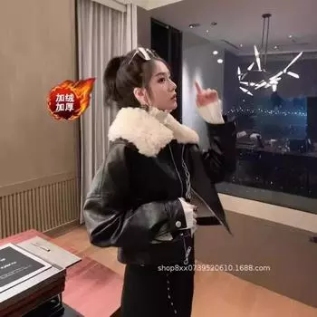Флисовая утолщенная кожаная куртка короткая съемная осенне-зимняя новинка искусственный мех лисы меховой воротник меховое интегрированное пальто женское S 85-47.5 kg чёрный