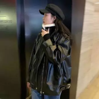 Флисовая утолщенная кожаная куртка женская зимняя одежда корейская версия студенческая свободная и тонкая кожаная куртка в стиле ретро в Гонконге S recommends less than 55 kg чёрный