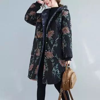 Флисовая утолщенная куртка с хлопковой подкладкой женская средняя и длинная зимняя литературная куртка большого размера с капюшоном в клетку теплая повседневная куртка с хлопковой подкладкой L чёрный