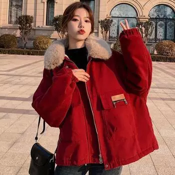 Флисовая утолщенная куртка женская короткая зимняя новая свободная теплая хлопковая одежда маленькая хлопковая одежда прилив S wears 80 to 50kg