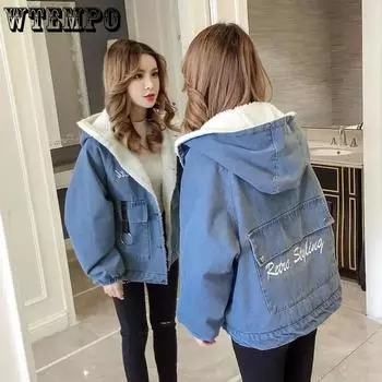 Флисовое джинсовое теплое хлопковое пальто, свободное с капюшоном плюс флисовая толстая джинсовая куртка из овечьей шерсти, женское свободное повседневное теплое пальто XL