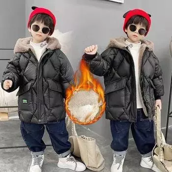 Флисовое пальто для мальчиков, осенне-зимняя детская куртка с капюшоном для мальчиков с милой хлопковой подкладкой 120cm