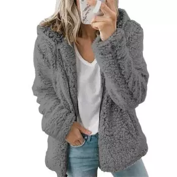 Флисовое пальто для женщин Оверсайз куртка на молнии с капюшоном Пушистая толстовка с открытой передней частью L