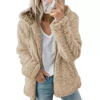 Флисовое пальто для женщин Оверсайз Куртка на молнии с капюшоном Пушистое Открытое L
