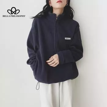 Флисовое пальто женское осенне-зимнее новое свободное американское утолщенное пуловер с воротником-стойкой толстовка флисовый теплый топ модное повседневное теплое пальто M абрикосовый