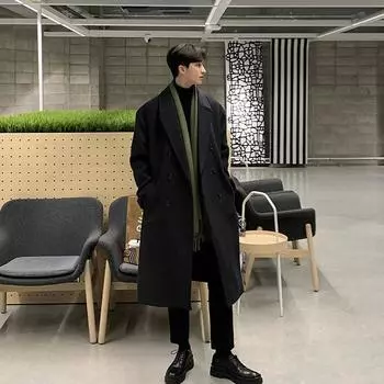 Флисовое утолщенное шерстяное пальто мужское средней и длинной длины выше колена корейская версия свободное британское шерстяное пальто тренчкот M