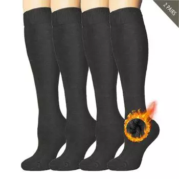 Флисовые 2 пары теплых носков выше колена для женщин - термоноски из хлопка для походов, работы, зимы, подарков ONE SIZE