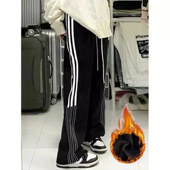 Флисовые американские ретро полосатые спортивные брюки женские свободные прямые повседневные широкие брюки S чёрный