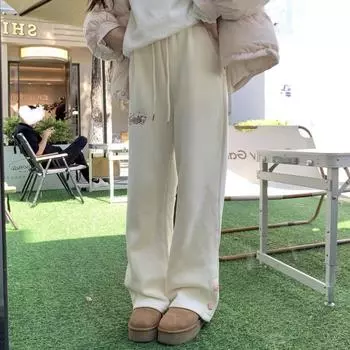 Флисовые брюки Kawaii Sweet Harajuku с высокой талией, широкие брюки для женщин, японская мода, вышивка медведя, свободные брюки, мягкие, для девочек S абрикосовый