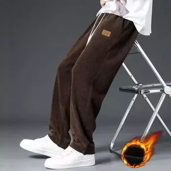 Флисовые брюки на шнурке, удобные плюшевые мужские зимние брюки с широкими штанинами на талии для тепла, удобные мягкие прямые брюки M чёрный