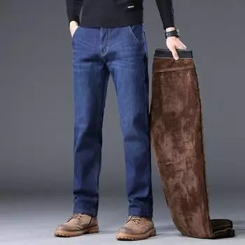 Флисовые джинсы, мужской стиль, свободные прямые штаны, большой размер, папин наряд, повседневные деловые брюки 29 чёрный