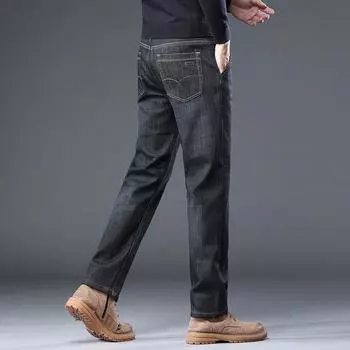 Флисовые джинсы, мужской стиль, свободные прямые штаны, большой размер, папин наряд, повседневные деловые брюки 28 чёрный