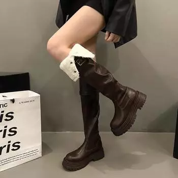 Флисовые и утолщенные сапоги до колена для женщин, зима 2024 года, новые сапоги-рыцари на толстой подошве, сложенные вдвое, тонкие сапоги с большой окружностью трубы 35 коричневый
