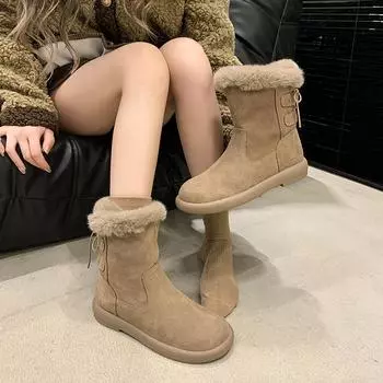 Флисовые износостойкие зимние ботинки женские зимние 2024 теплая шерстяная хлопковая обувь ретро универсальные короткие ботинки женские 35 темно-коричневого