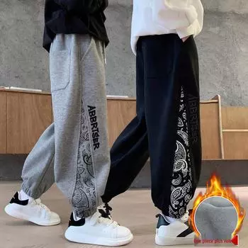 Флисовые комбинезоны для мальчиков: Зима 2024 г. Утолщенные повседневные спортивные штаны для больших детей 120cm