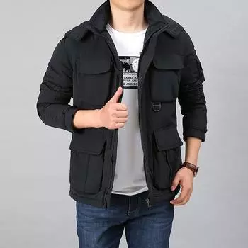 Флисовые мужские куртки с хлопковой подкладкой Зимние утепленные зимние мужские куртки больших размеров Мужские флисовые мужские куртки с хлопковой подкладкой и капюшоном M чёрный